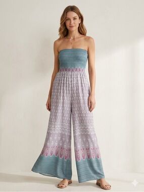 MAHINA Women’s Smocked Boho Strapless Wide Leg Paisley Jumpsuit